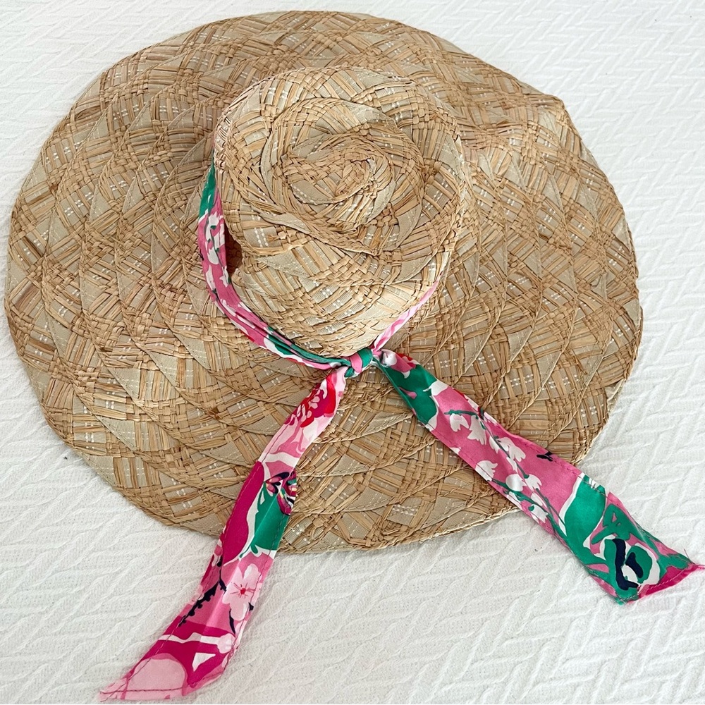 Lilly Pulitzer Straw Hat with Pink and Green Floral Scarf